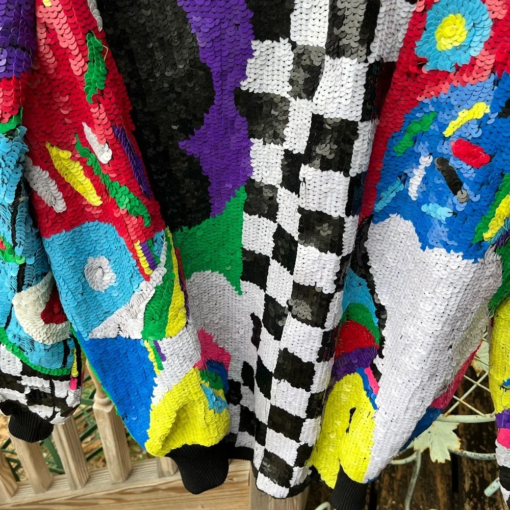 Sequin Bomber Jacket Sz S M Black Checkerboard Abstract Pop Art Vtg 80s Womans - Picture 3 of 5